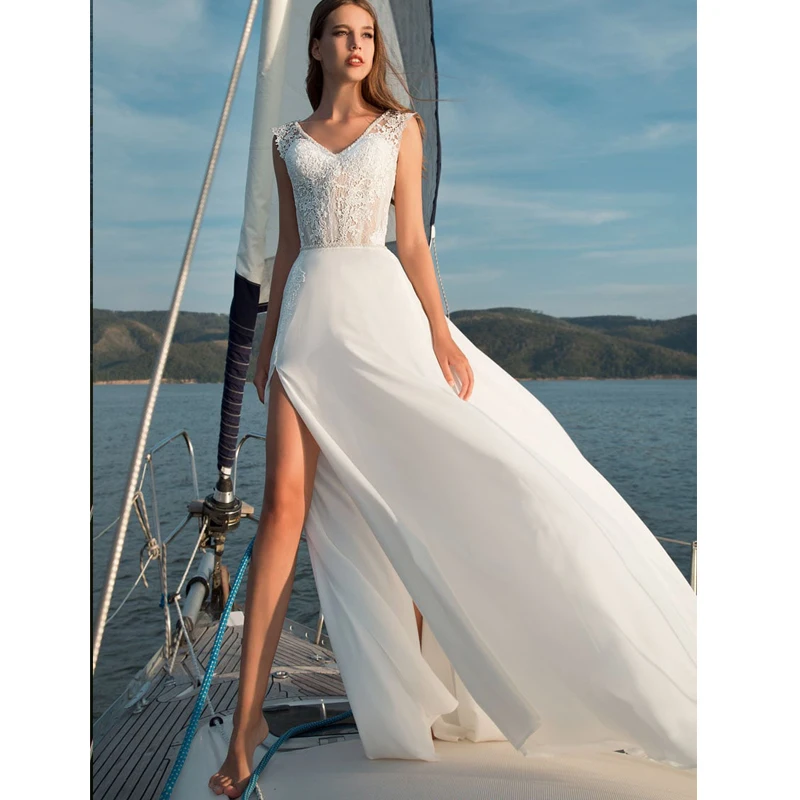 Пикантные с разрезом сбоку свадебное платье с аппликацией v-образным вырезом Свадебные платья Boho Robe de Mariee стильное шифоновое пляжное платье невесты