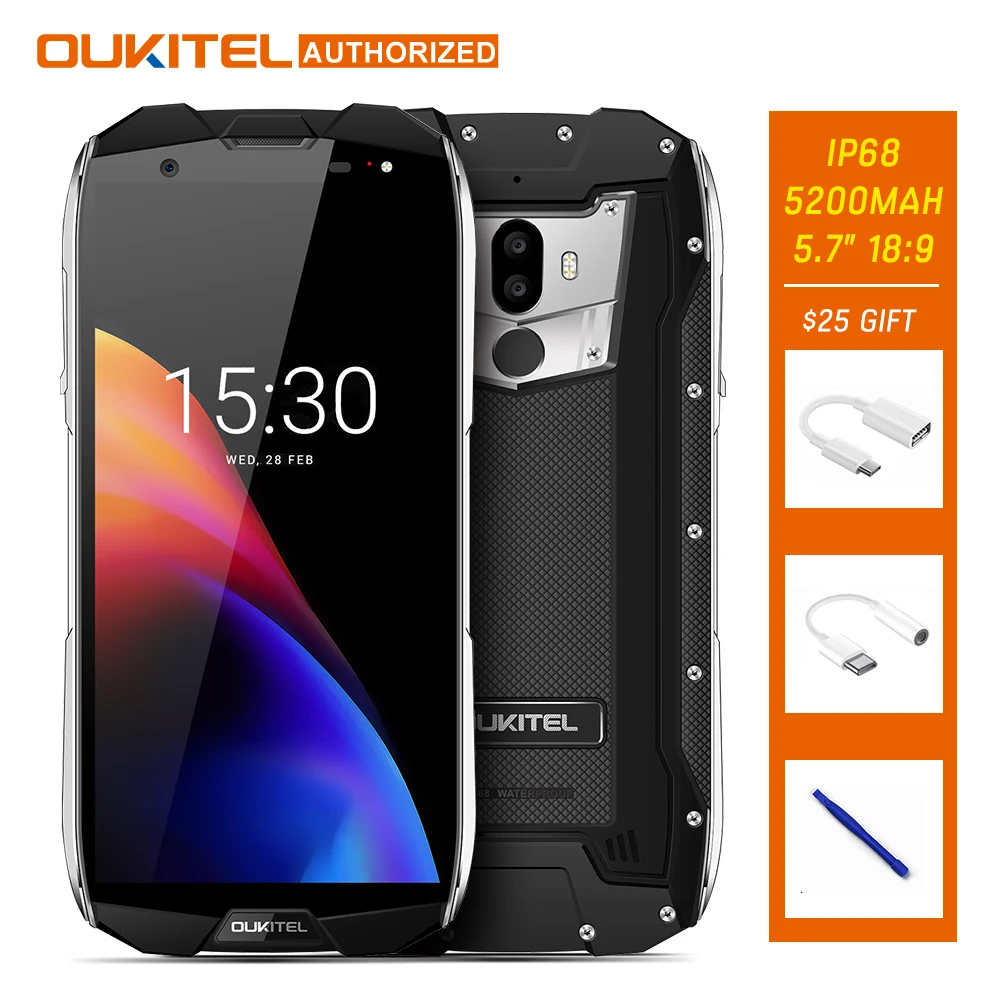 Oukitel WP5000 5.7'' 18:9 MTK6757 Octa Core Mobile Phone 6GB RAM 64GB ROM 5200mAh Helio P25 4G Waterproof IP68 9V 2A Smartphone