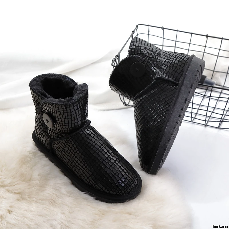 

Patent Genuine Leather Ankle Snow Boots Waterproof Cow Suede Fur With Button Winter Warm Shoes Snowboots Flats 48 Bling Silver