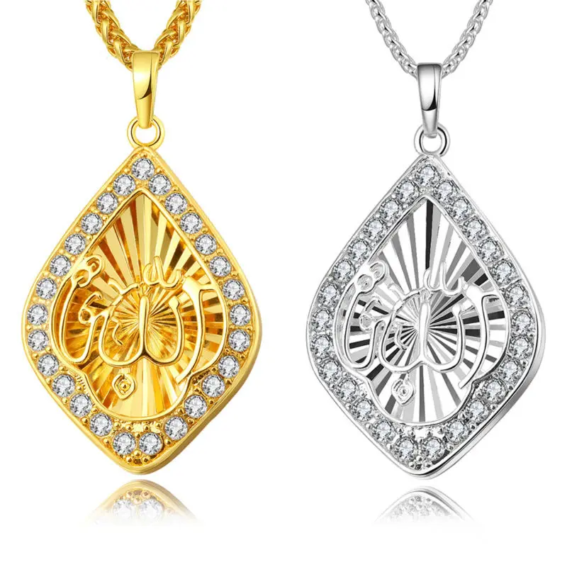 BRZHA Classic Allah Necklace Pendant Islamic font b Jewelry b font Gold color Rhinestone Muslim font