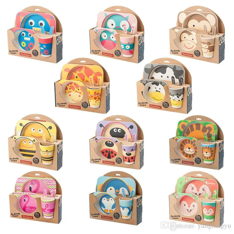

Yookidoo 5pcs/set Animal Zoo baby Dinnerware SetPlate bowl Cup Forks Dinnerware Feeding Set 100% Bamboo Fiber Baby Children Tabl