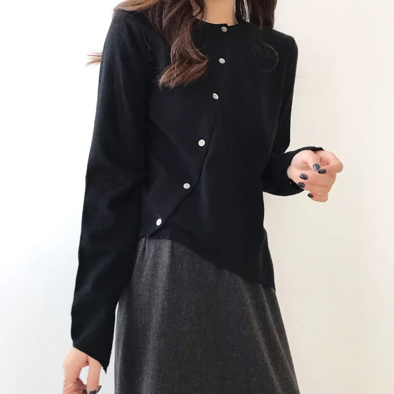 

Women Asymmetrical Button Front Cardigan Sweater in Black, grey