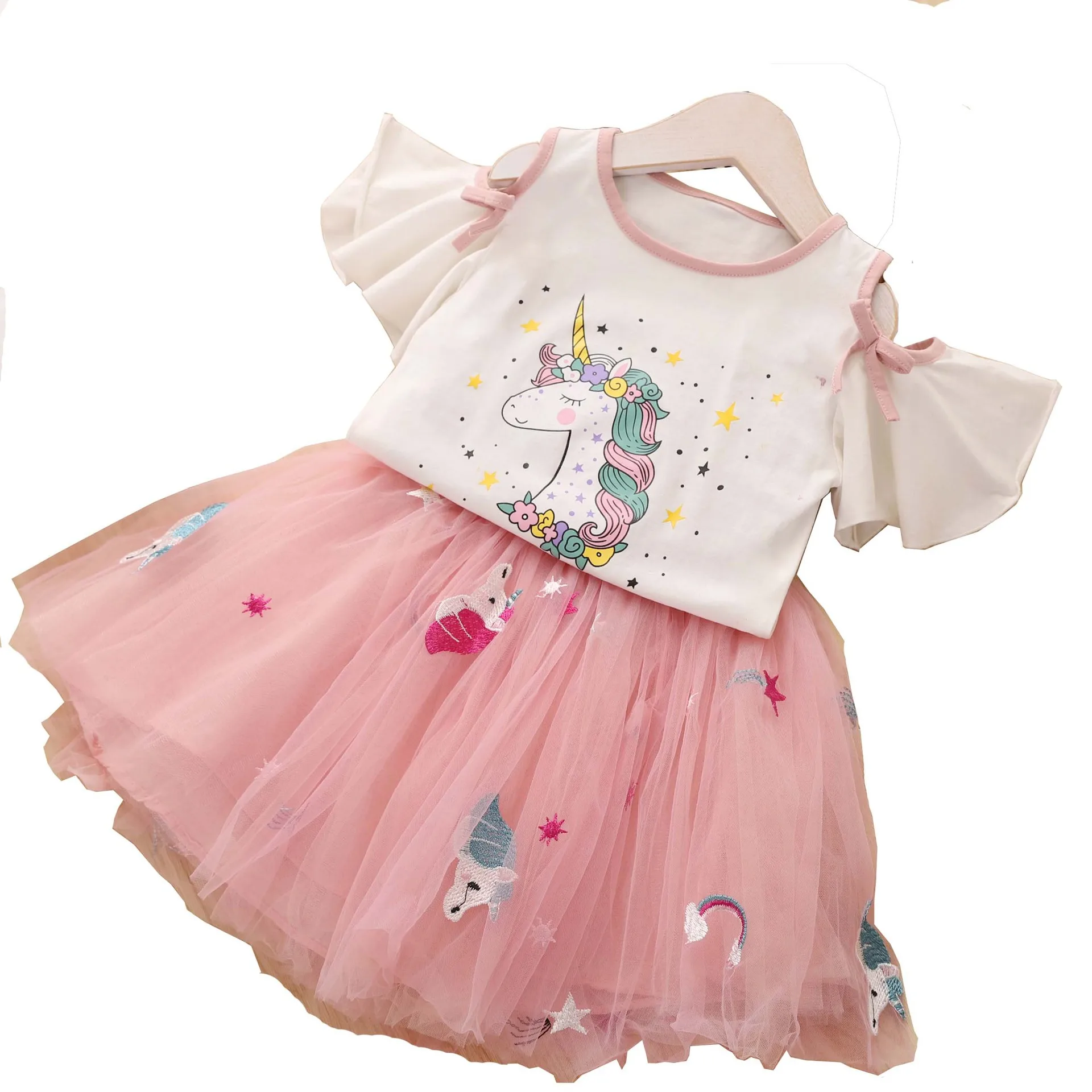

kids Girls Clothing Sets New Summer Fashion Style Cartoon Printed T-Shirts+Pink Dress 2Pcs 3-7year Girls Clothes Sets