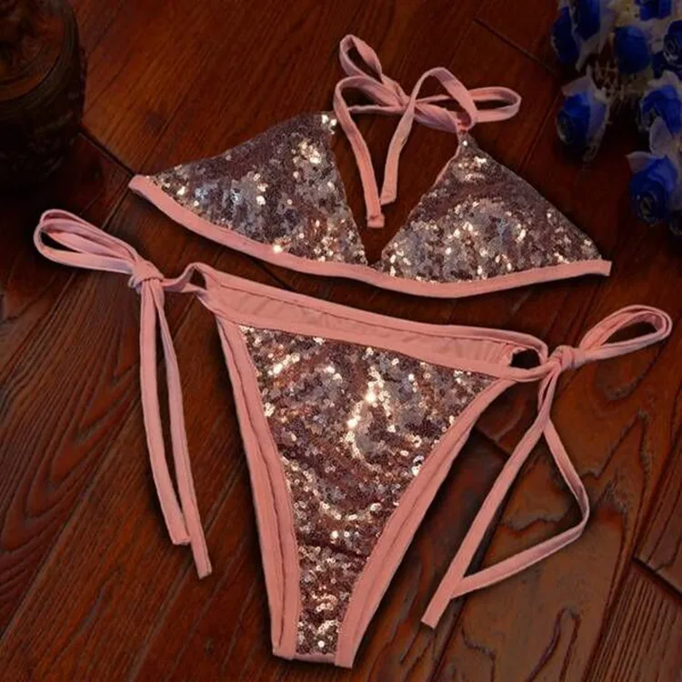 

Women Bikinis Set Sequins Bandage Pink Style Swimsuit Sexy Micro Bikini Swimwear Bathing Suit European Brazilian 2019