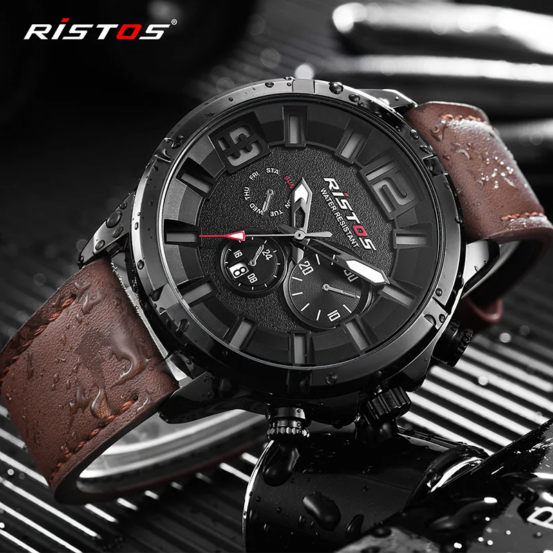 

RISTOS Casual Military Men Quartz Watch Fashion Leather Men's Sports Watches Waterproof Fashion Male Wristwatch Gift 9382