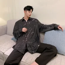 Мужская рубашка с длинными рукавами и блестящими пайетками, Мужская Уличная одежда в стиле хип-хоп, панк, готика, вечерние свободные рубашки для выступлений на сцене, костюмы для ночного клуба