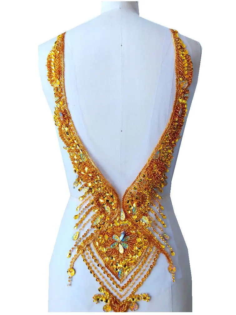 

hand made golden sew on Rhinestones applique on mesh crystal patches trim 59*30cm for dress accessory