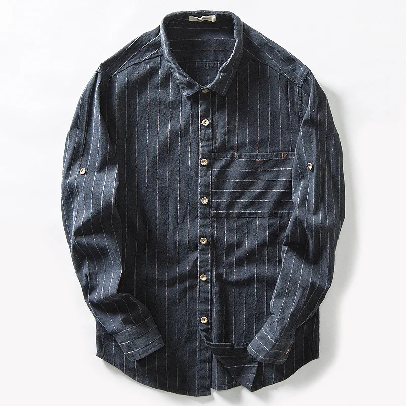 Бренд 4XL мужские рубашки льняные с длинным рукавом Весенняя мода полосатая тонкая Ретро Повседневная рубашка мужская Camisa Masculina AF1764 - Цвет: Navy blue
