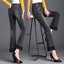 Осень весна повседневное для женщин Лоскутная кисточкой стрейч ботильоны длина расклешенные джинсы брюки для девочек женские эластичные черны