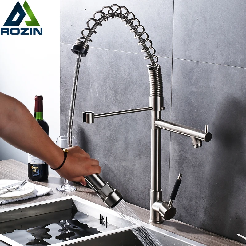 

Brushed Nickel Bathroom Kitchen Sink Mixer Faucet Deck Mounted Spring Pull Down Kitchen Hot and Cold Water Taps