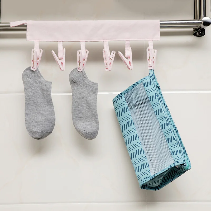 4 Colors Portable Socks Dry Cloth Travel Portable Folding Cloth Hanger Clips Clothes Cloth Hanger Hats Bag Key Hooks 6 Clips
