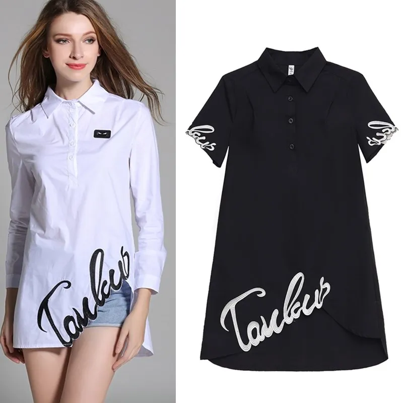 

Plus Size New 2019 Spring Summer Women Shirts Letters Embroidery Simple Black White Blouses Casual Shirts Plus Size NS712