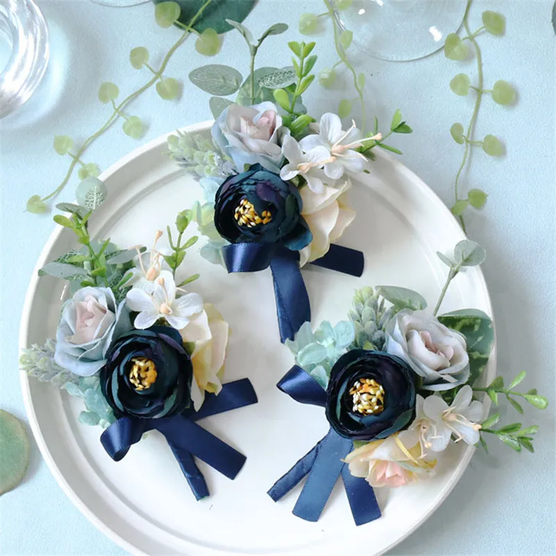 

Artificial Silk Rose Flower Groom Boutonniere Man Wrist Corsage Women Hand Wedding Flowers Party Decoration