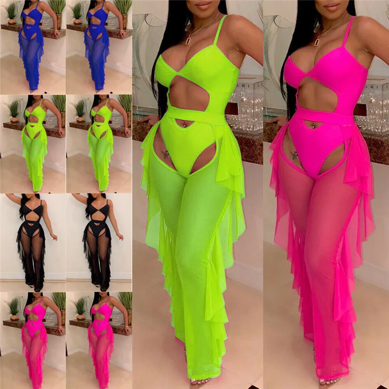 

Fashion Women Mesh Sheer Ruffles Pants Solid Ladies High Waist Hollow Out Pencil Pants Trousers Women Summer Bikini Cover Up