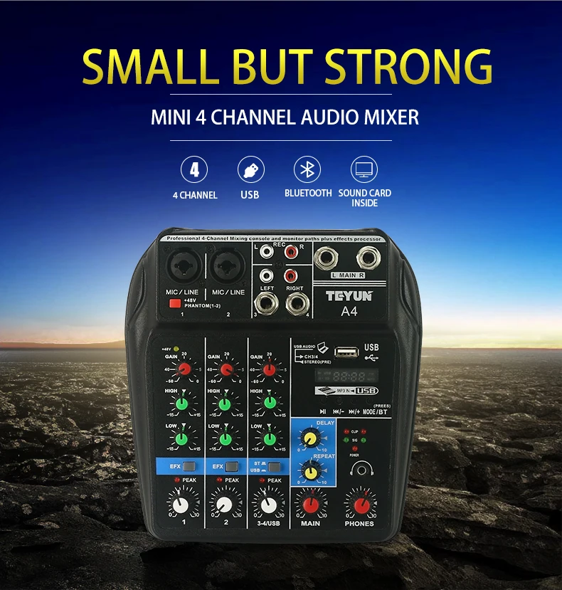 

Professional 4 Channel Mixing Console Aux Paths Plus Effects Processor Mini Micro Small Audio Mixer Console with Bluetooth USB