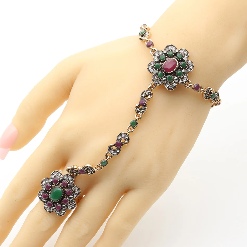 

Gorgeous Rhinestone Jewelry Turkey Women Bracelet Ring Set Resin Flower Retro Gold Color Ethnic Bijoux Bridal Stage Accessories