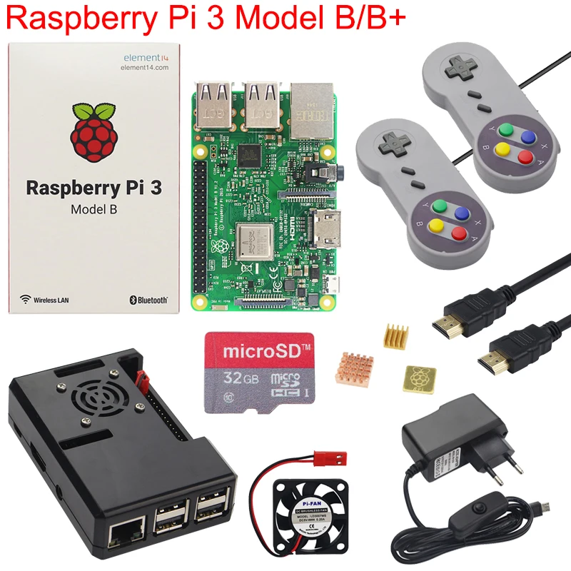 Raspberry Pi 3 Model B+ Plus Game Starter Kit +16G 32G SD Card + Gamepad + Case +Fan + Power +Heat Sink +HDMI Cable for RetroPie