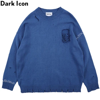 

Dark Icon Side Split Ripped Sweater Men Solid Color High Street Men's Sweaters Round Neck Sweater for Men