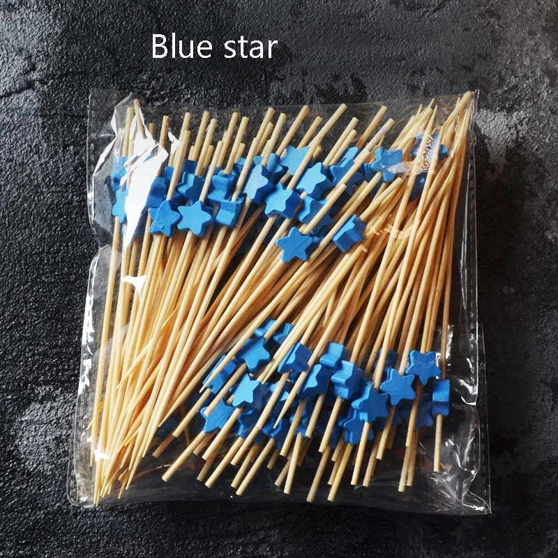 blue star GIEMZA 100 шт одноразовая палочка цвет натуральная бамбуковая палочка фруктовый знак зубочистка оформление коктейлей знак вилка для фруктов и десертов инструмент - Цвет: blue star