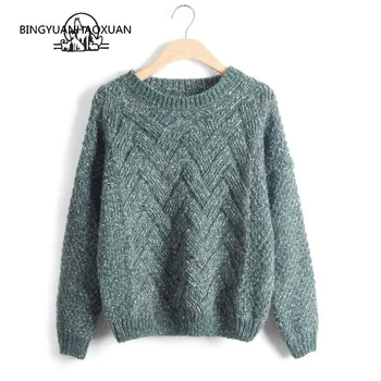 

BINGYUANHAOXUAN 2018 Autumn Winter Women Sweaters And Pullovers Plaid Thick Knitting Mohair Sweater Female Loose Variegated