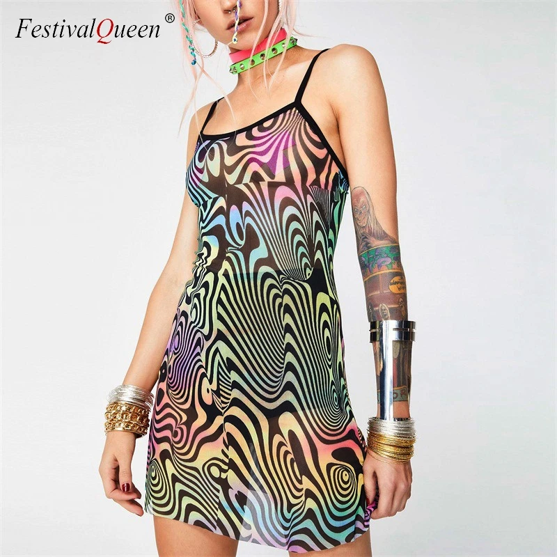 

2019 Sexy Mesh See Through Mini Dress Women Vertigo Pattern Print Spaghetti Strap Bodycon Dresses Club Party Rave Festival Dress
