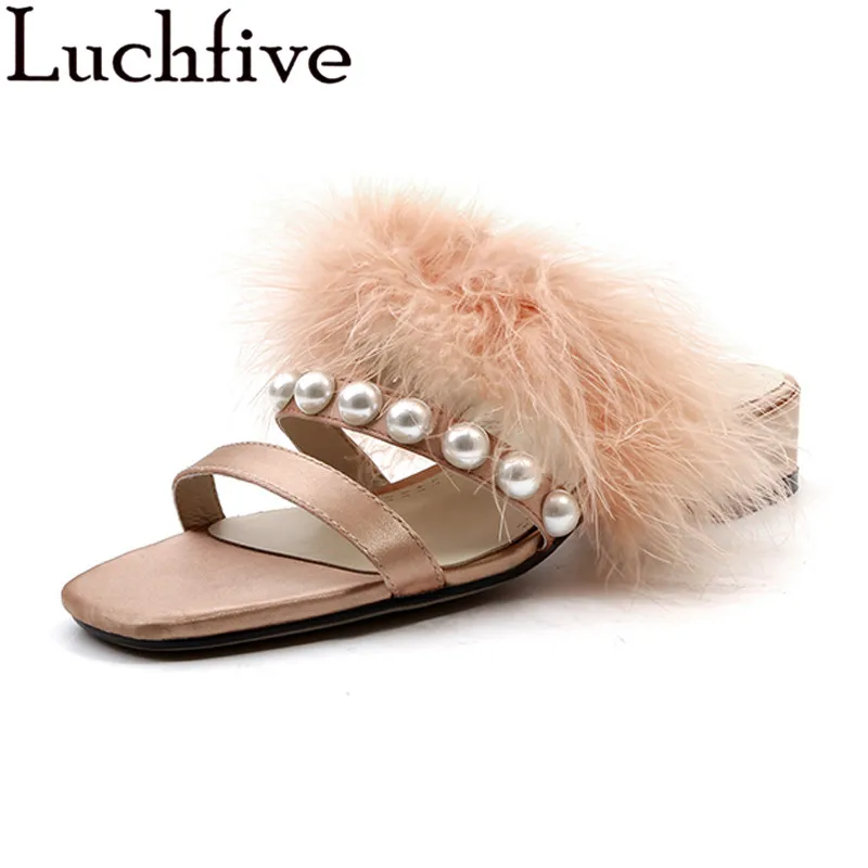 

Newest Summer Slippers women flat Heels pearl feather embellished slides flip flop 2018 satin pink sandals beach shoes ladies