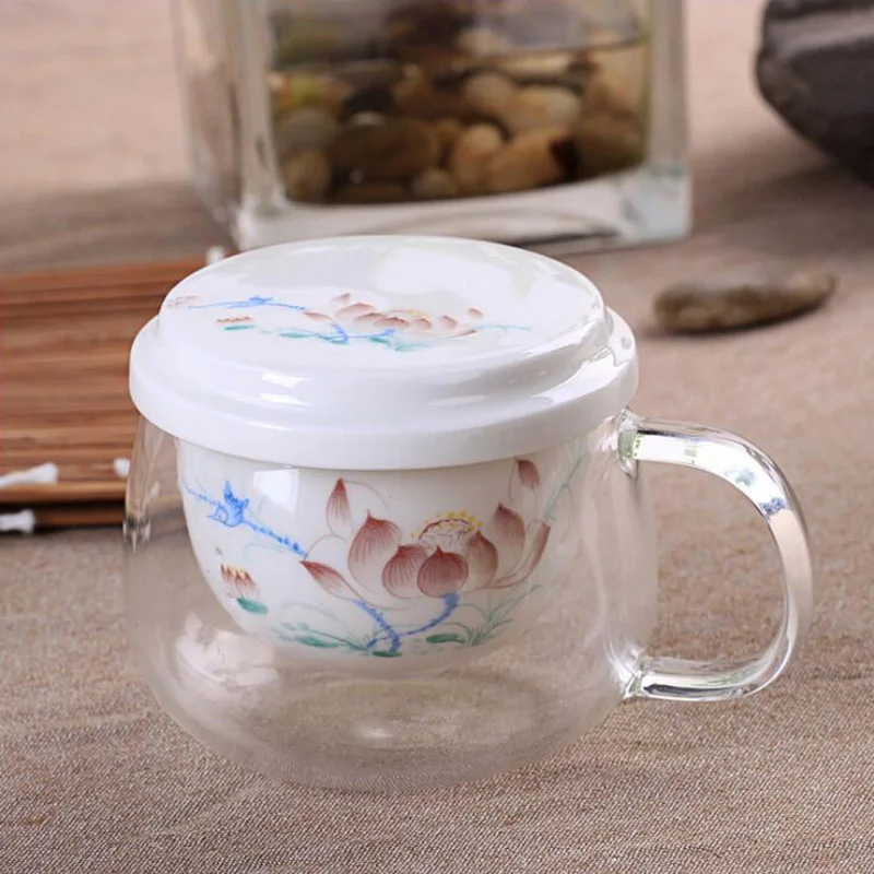 Высококачественная стеклянная чайная чашка с керамической крышкой и чайным фильтром в китайском стиле утренние кружки с ручкой 300 мл SH149