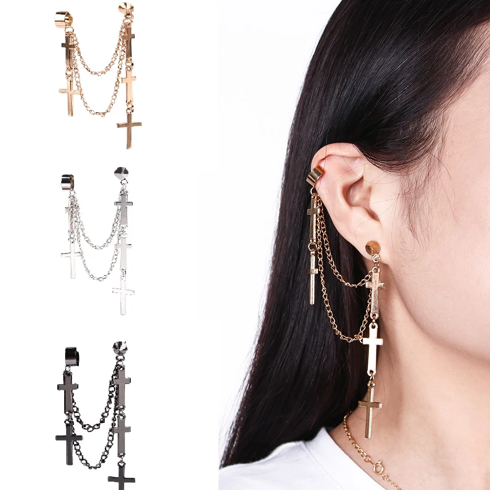 

1pc Women Fashion Cool Punk Style Crosses Pendent Tassel Chain Ear Wrap Cuff Stud Clip Earring Gifts