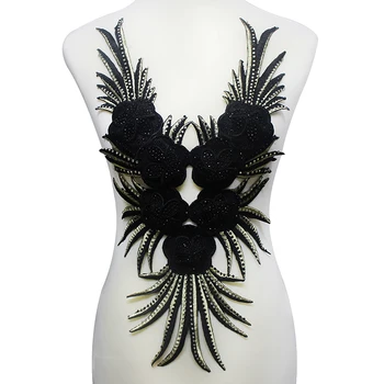 

2piece Beaded Black Rhinestones 3D AV Neck Collar Applique Lace Patches Iron on Motif Clothes Decorated Sewing Accessories T1955