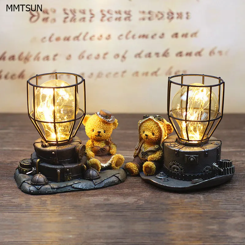 

Novelty Copper Wire String Light Cute Bear Vintage Resign Table Lamps Bear Pilot Night Light for Baby Room
