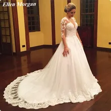 Plus Size Long Sleeve Wedding Dresses 2017 Elegant Vintage V Neck Lace Beading Appliques Ivory Tulle