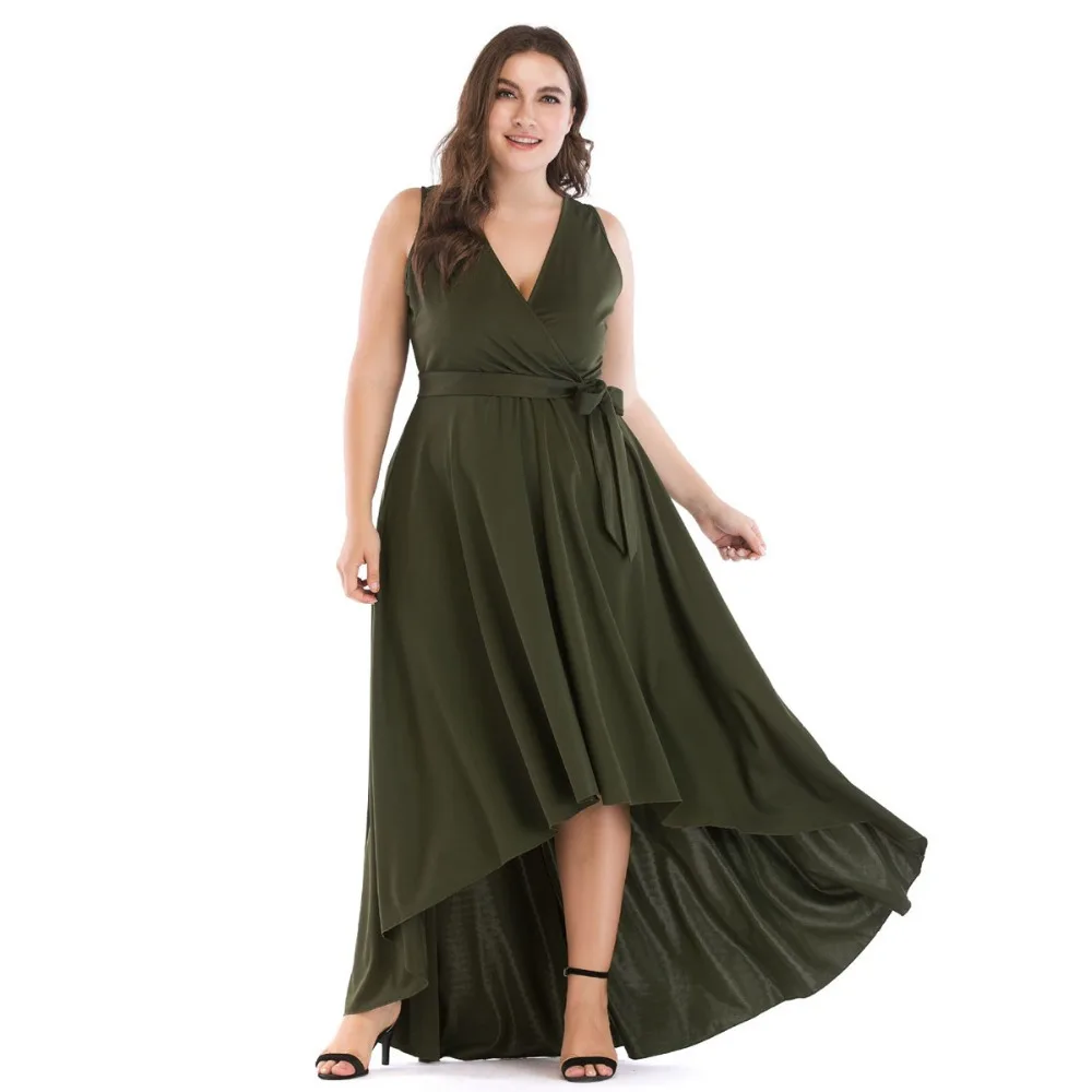 

2018 Plus Size 5XL Long Dress Summer Sleeveless Women Ofiice Lady Vintage Sexy Deep V neck Olive Green Dress For Dating Party