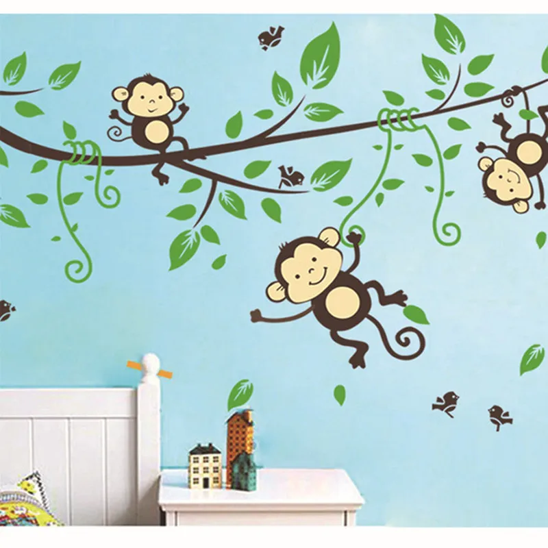 Cute Monkeys Tree Wall Stickers Decals Children Animals Wallpaper Mural