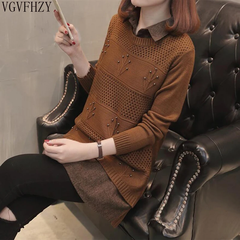 2018 Autumn New Loose Women Pullover Sweater Long Section Fake Two Shirt Collar Knitwear Jacket LY1108 | Женская одежда