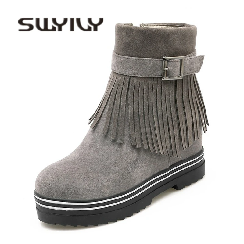 SWYIVY Women Boots Platform Tassel Ankle Boots Fur 2018 New Female Winter Warm Shoes Wedge Suede Snowboots Side Zipper Snow Boot