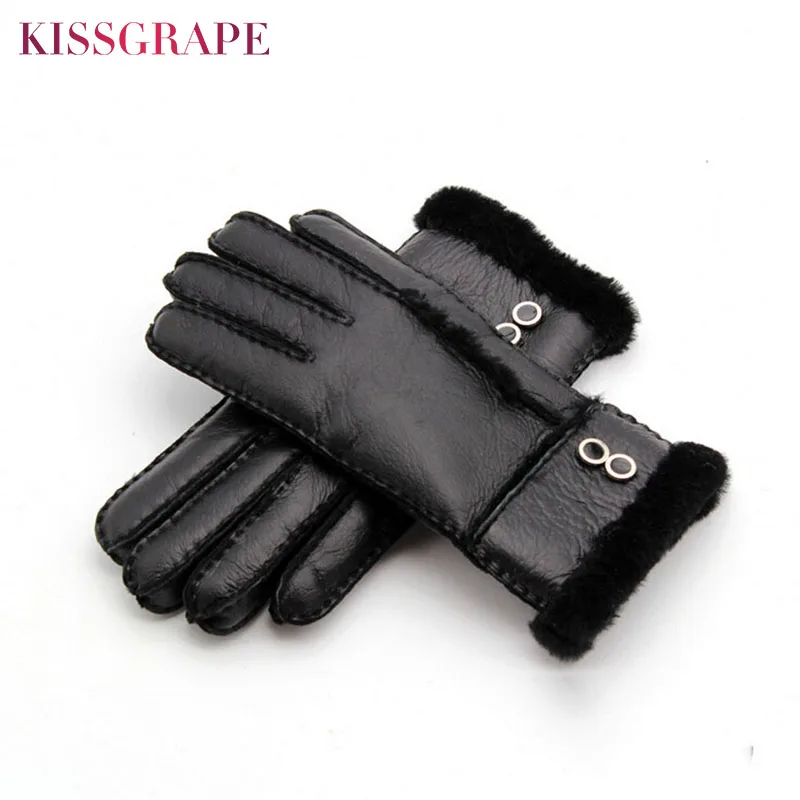 Online Guantes de invierno de marca para mujer, de piel de oveja Real, gruesos, Guantes negros de abrigo hechos a mano, Guantes de exterior para damas, Guantes impermeables