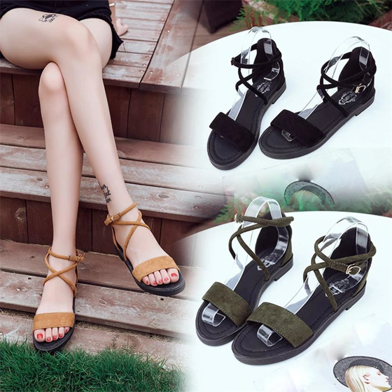 shoes woman sandals girls  Women Flat Sandals Cross Straps Open Toe Buckle Low Heel Sandals Wedge Summer  O0516#30  11