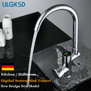 

ULGKSD Kitchen Faucet Temperature Display Single Handle Chrome Brass Hot and Cold Water Mixer Tap Deck Mount Sink Faucets