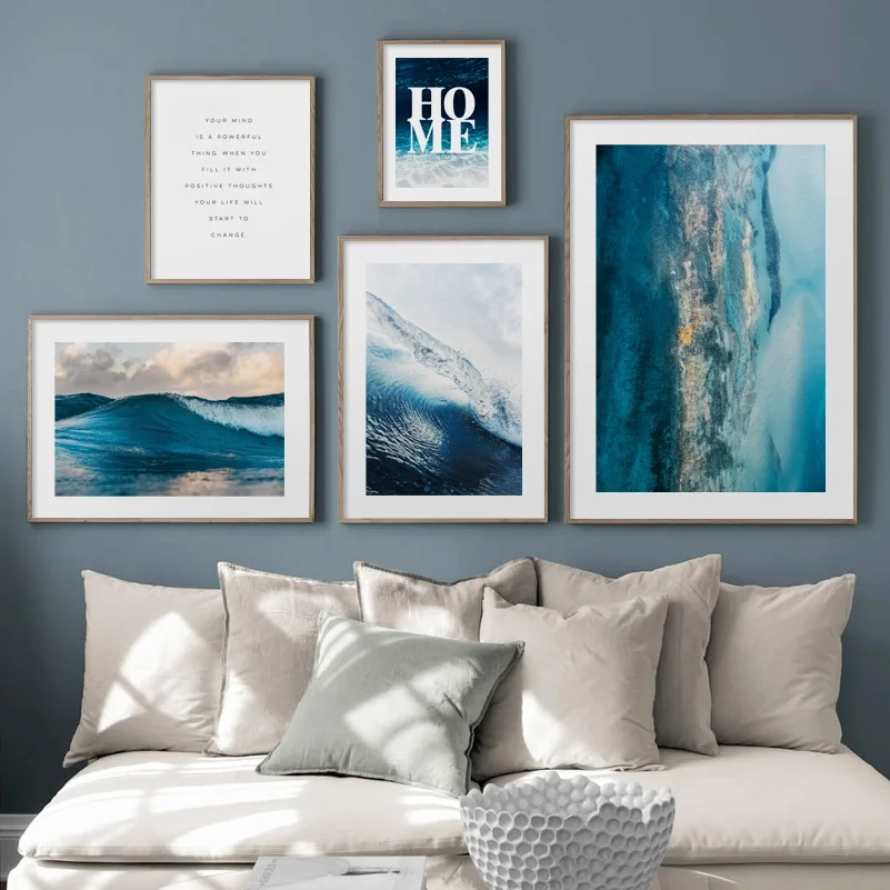 

Blue Sea Wave Landscape Quotes Wall Art Canvas Painting Abstract Nordic Posters And Prints Wall Pictures For Living Room Decor
