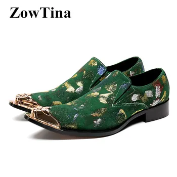 

Green Printing Suede Men Oxford Shoes Metal Pointed Toe Formal Business Dress Flats Large Size 46 Work Mocassins Hombre Loafers