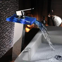 Bathroom Waterfall Glass Mixer Taps LED Color Changing Deck Mounted Basin Faucet Chrome Finish led light changing color waterfall basin faucet deck mounted mixer taps brushed nickel dual handle three holes
