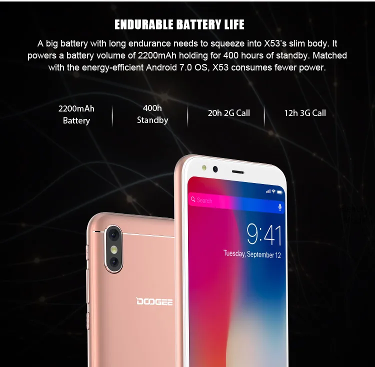 DOOGEE X53 1GB RAM 16GB ROM MTK6580M 1.3GHz Quad Core 5.3 Inch 2.5D Screen Dual Camera Android 7.0 3G Smartphone