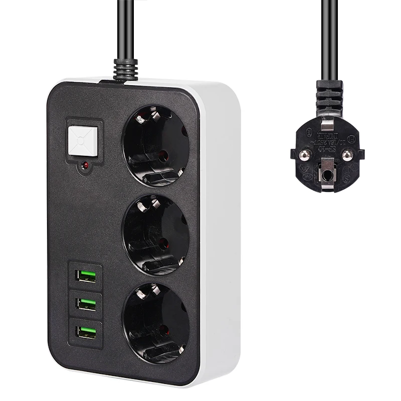 Portable Strip Plug Adapter Power Socket 3 Sockets 3USB Port Big Plug Extension Patch Board 1.8M Extension Cord for Home Office