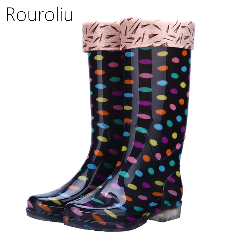 

Rouroliu Women Polka Dot Rainboots PVC Waterproof Water Shoes Wellies Non-Slip Warm Knee-High Rain Boots Woman RT346