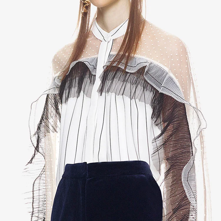 Wonder 2018 new autumn winter new stripe ruffled pleated stitching lace shirt top women blouse meah lace shirt tops