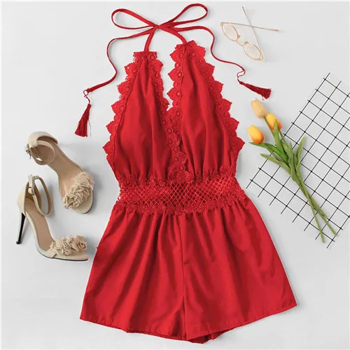 ROMWE Red Lace Trim Sexy V Neck Backless Fringe Halter Rompers Women Open Back Mid Waist Short Straight Leg Summer Playsuits - Цвет: Красный