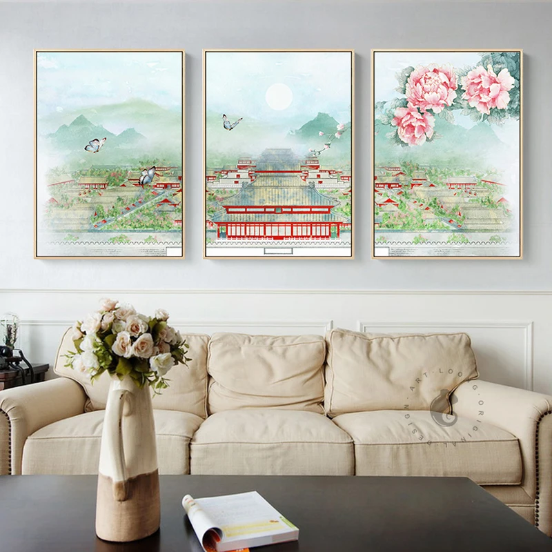 Триптих китайский четыре сезона Пейзаж Картины Холст Плакаты и принты настенные художественные картины для гостиной домашний декор