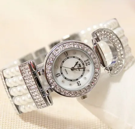 Роскошные элегантные женские часы, стразы, женские часы с жемчугом, женские наручные часы с большим циферблатом, Кристальный браслет, Прямая поставка - Цвет: Серебристый