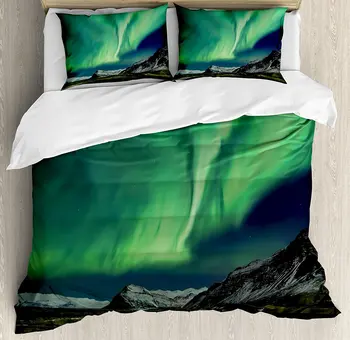 

Aurora Borealis Duvet Cover Set Flash of Aurora Polaris above Mountains in Night Picture Bedding Set Jade and Army Green