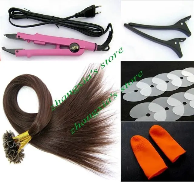 

18" Dark Brown Hair Extension Fusion Kits( Nail-Tip Hair Extensions,+Finger Protector+Shield+Hair Connector+Clip),Free Shipping